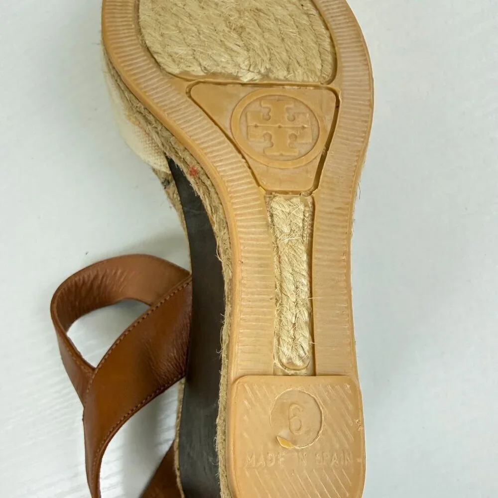 Tory Burch Espadrille Wedge Sandals White Canvas Toe Brown Leather Ankle Strap